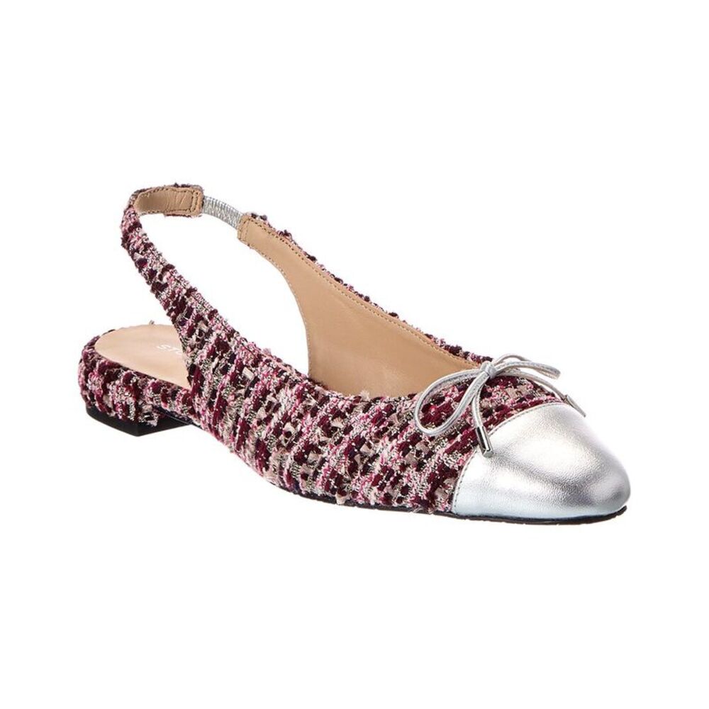 Stuart Weitzman Sleek Bow Tweed Slingback Flat, Silver